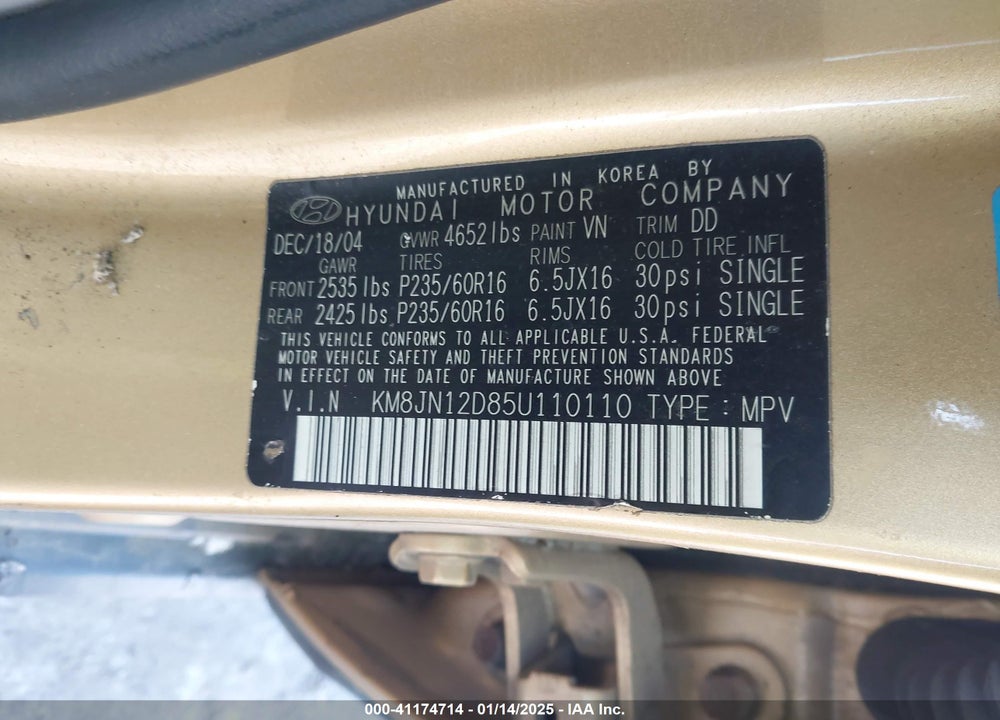 2005 HYUNDAI TUCSON GLS/LX VIN: KM8JN12D85U110110