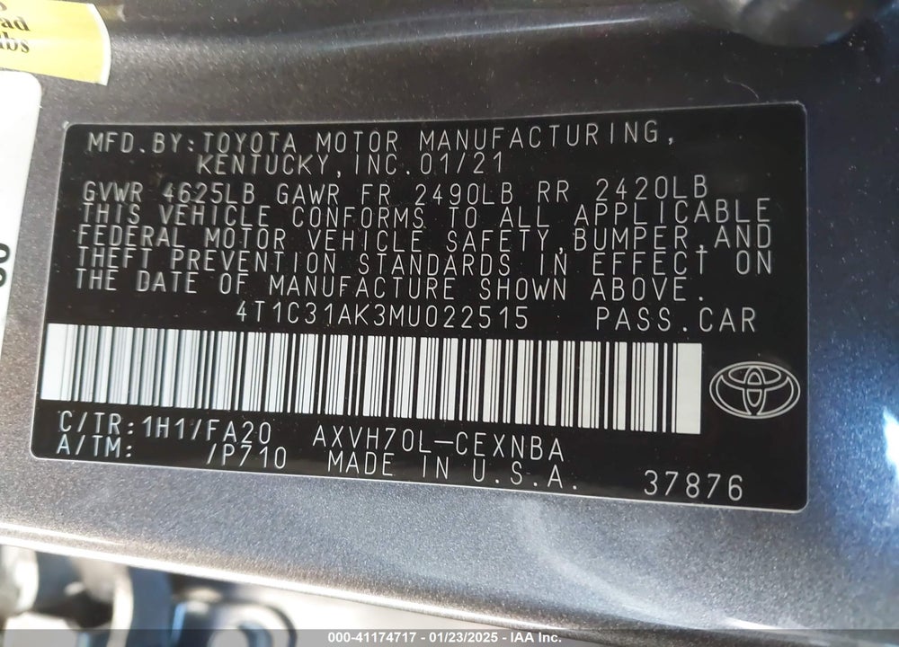 2021 TOYOTA CAMRY VIN: 4T1C31AK3MU022515