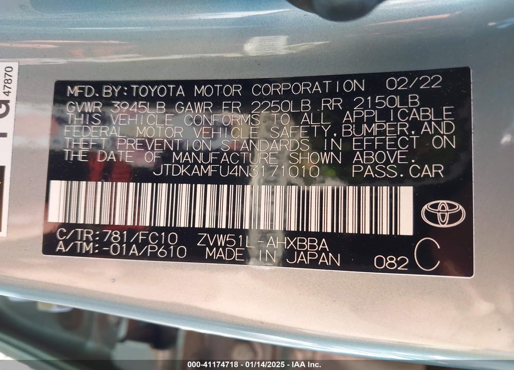 2022 TOYOTA PRIUS VIN: JTDKAMFU4N3171010