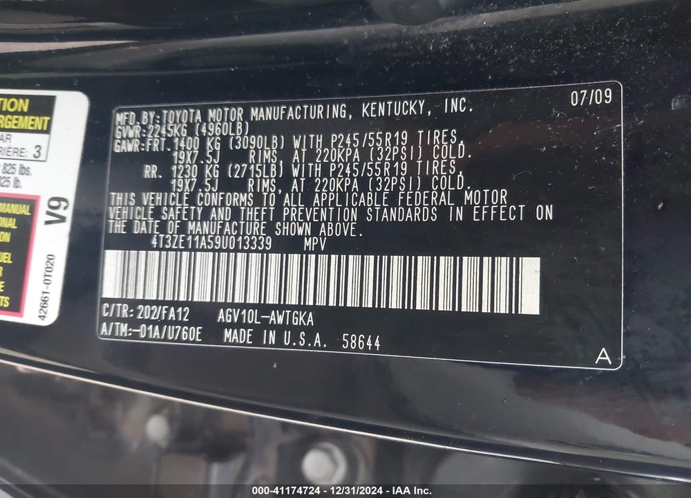 2009 TOYOTA VENZA BASE (A6) VIN: 4T3ZE11A59U013339