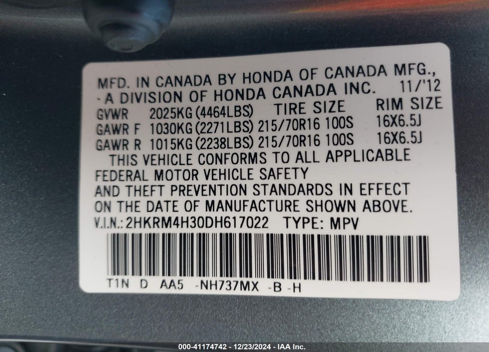 2013 HONDA CR-V VIN: 2HKRM4H30DH617022