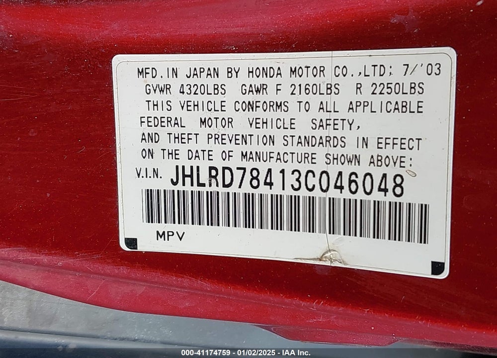 2003 HONDA CR-V LX VIN: JHLRD78413C046048