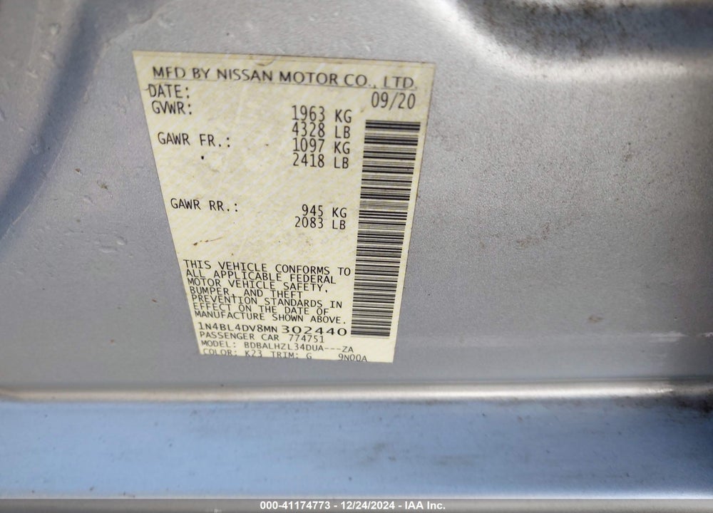 2021 NISSAN ALTIMA VIN: 1N4BL4DV8MN302440