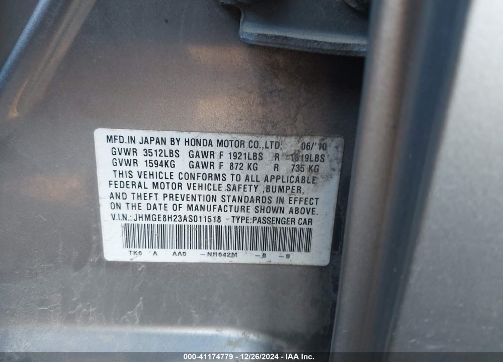 2010 HONDA FIT VIN: JHMGE8H23AS011518