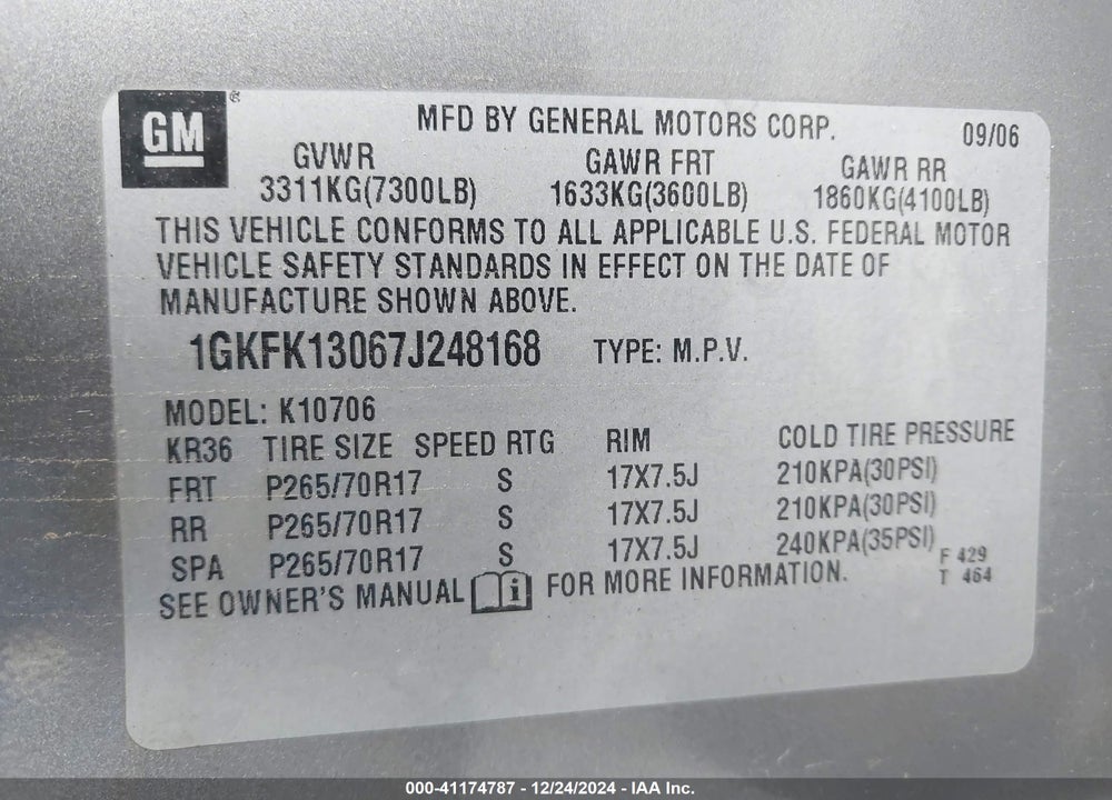2007 GMC YUKON VIN: 1GKFK13067J248168
