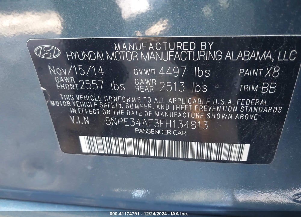 2015 HYUNDAI SONATA VIN: 5NPE34AF3FH134813