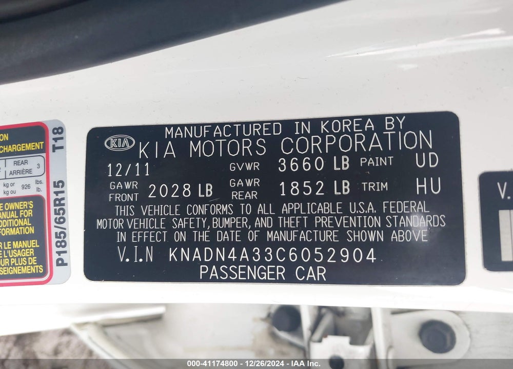 2012 KIA RIO VIN: KNADN4A33C6052904