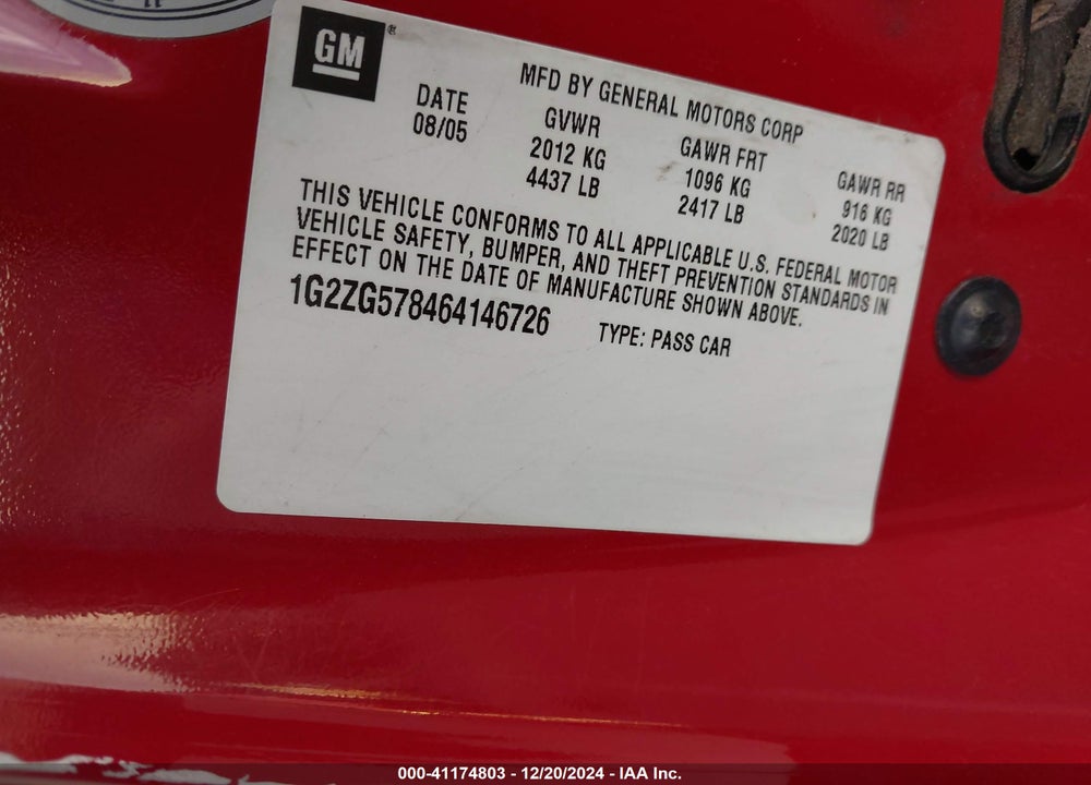 2006 PONTIAC G6 VIN: 1G2ZG578464146726