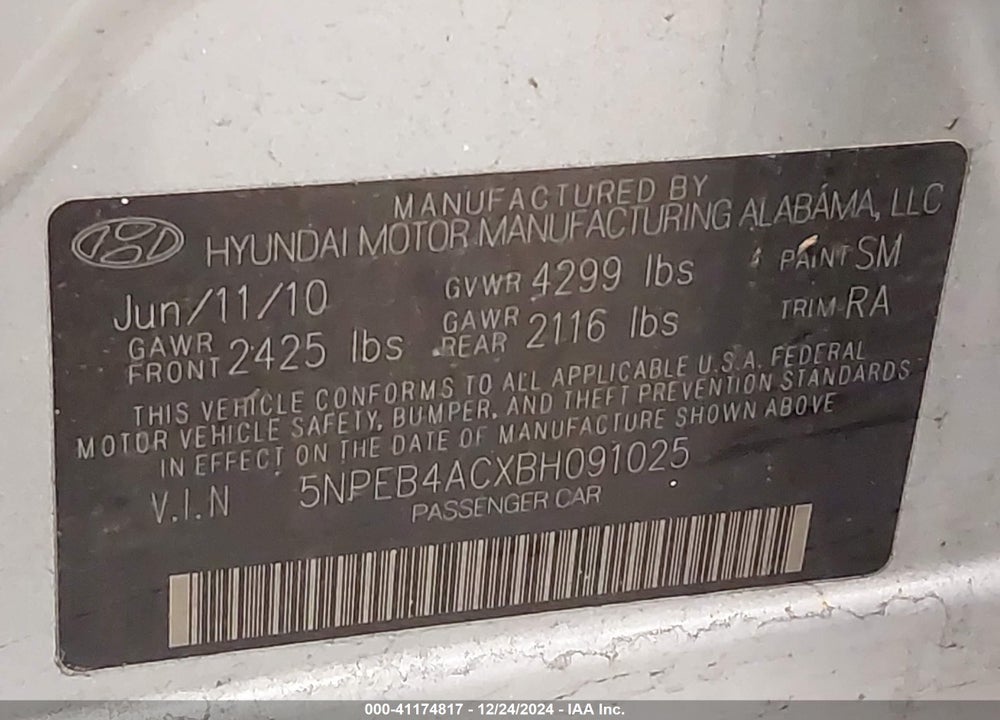 2011 HYUNDAI SONATA GLS VIN: 5NPEB4ACXBH091025
