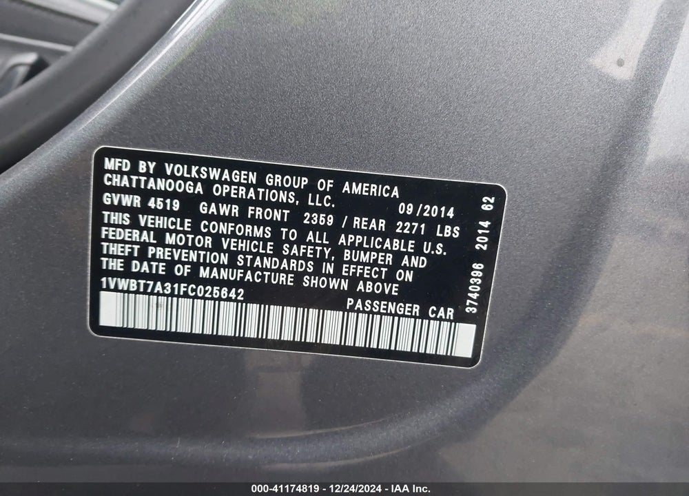 2015 VOLKSWAGEN PASSAT 1.8T SE VIN: 1VWBT7A31FC025642
