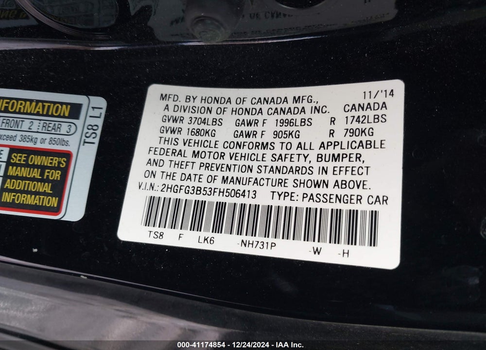 2015 HONDA CIVIC LX VIN: 2HGFG3B53FH506413