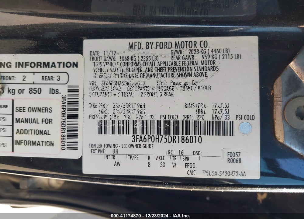 2013 FORD FUSION VIN: 3FA6P0H75DR186010