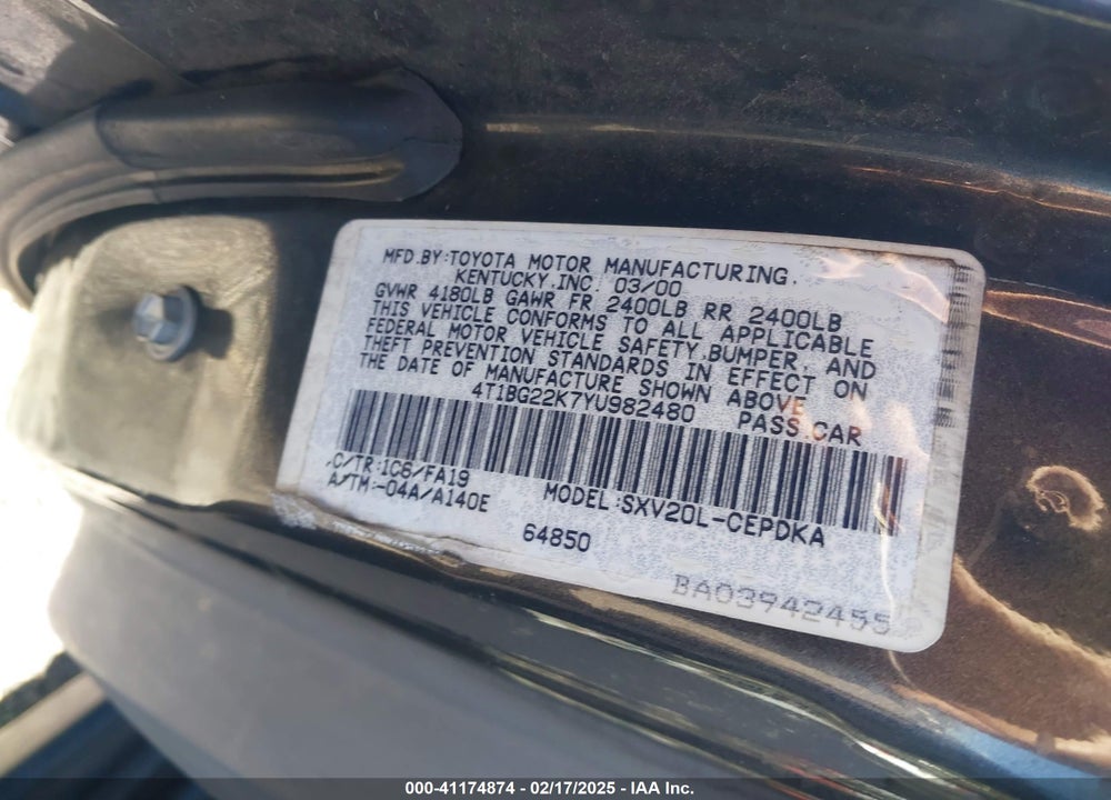 2000 TOYOTA CAMRY CE VIN: 4T1BG22K7YU982480