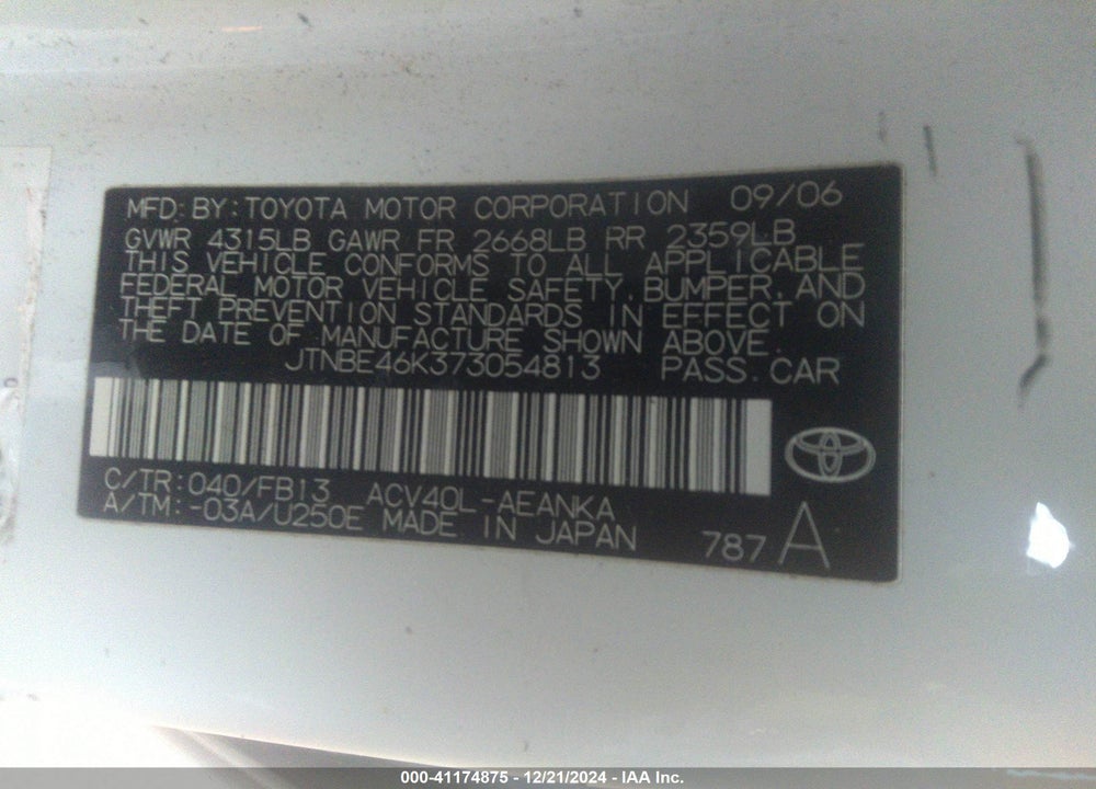 2007 TOYOTA CAMRY CE VIN: JTNBE46K373054813