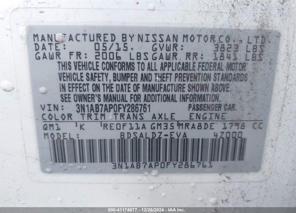 2015 NISSAN SENTRA FE+ S/S/SL/SR/SV VIN: 3N1AB7AP0FY286761