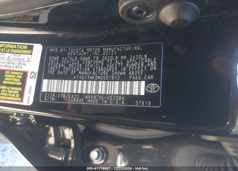 2021 TOYOTA CAMRY VIN: 4T1G11AK2MU557813