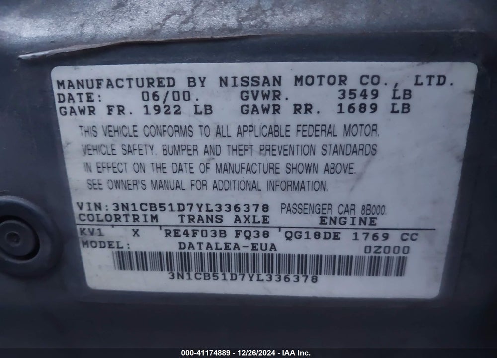 2000 NISSAN SENTRA GXE/XE VIN: 3N1CB51D7YL336378