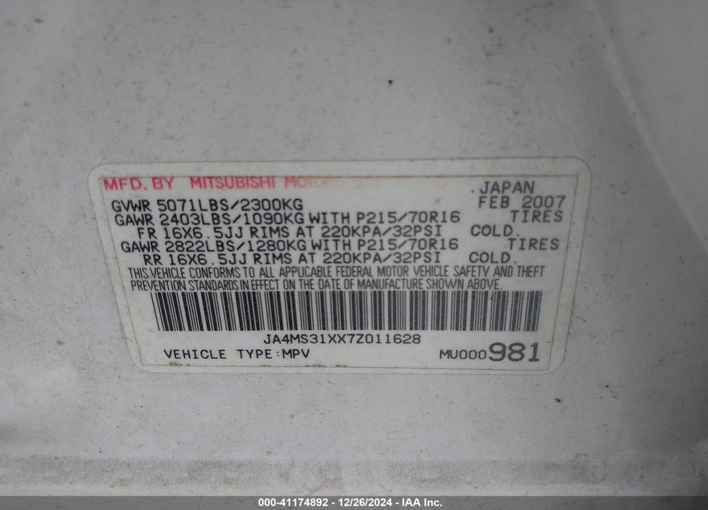 2007 MITSUBISHI OUTLANDER ES/LS VIN: JA4MS31XX7Z011628