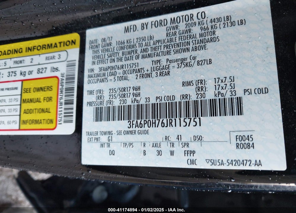 2018 FORD FUSION SE VIN: 3FA6P0H76JR115751