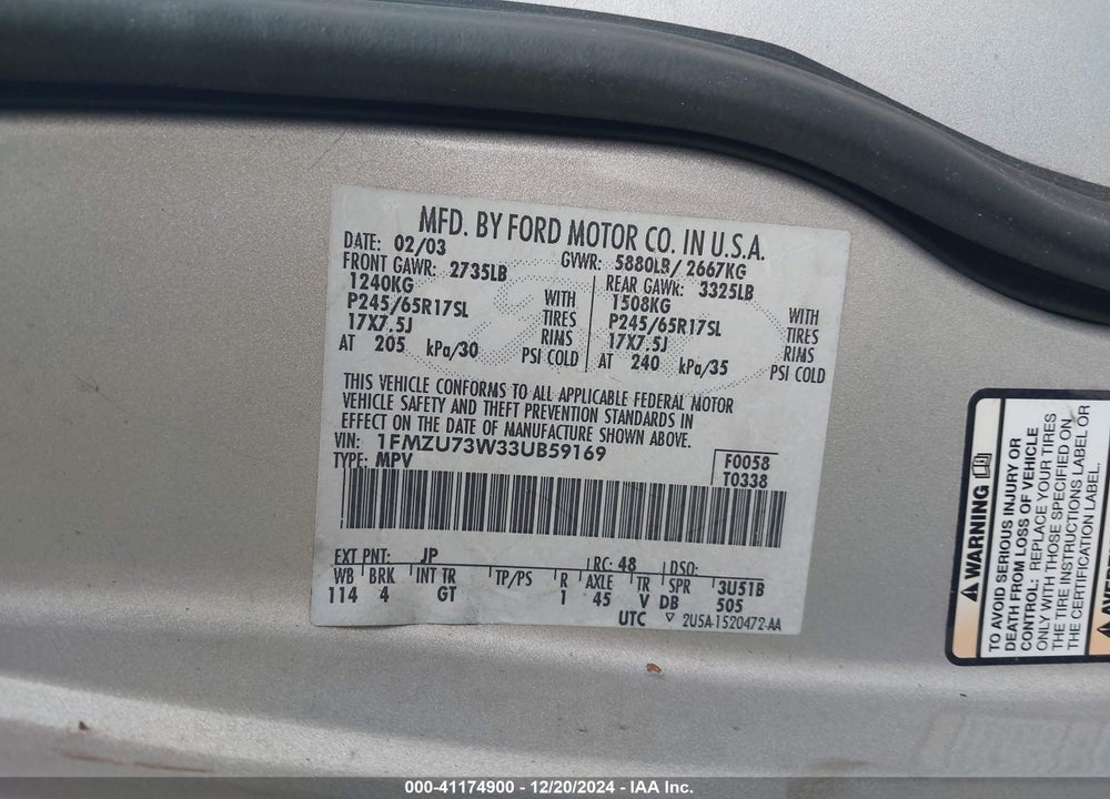 2003 FORD EXPLORER NBX/XLT VIN: 1FMZU73W33UB59169