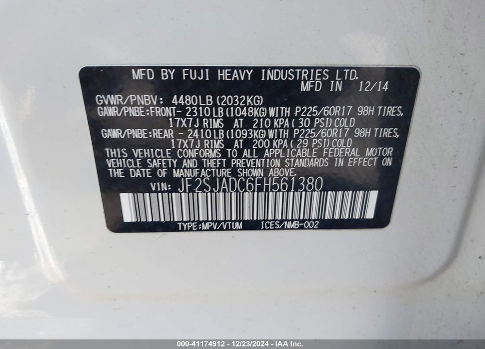 2015 SUBARU FORESTER 2.5I PREMIUM VIN: JF2SJADC6FH561380