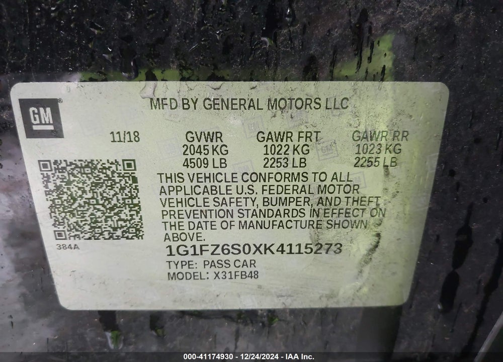 2019 CHEVROLET BOLT EV PREMIER VIN: 1G1FZ6S0XK4115273