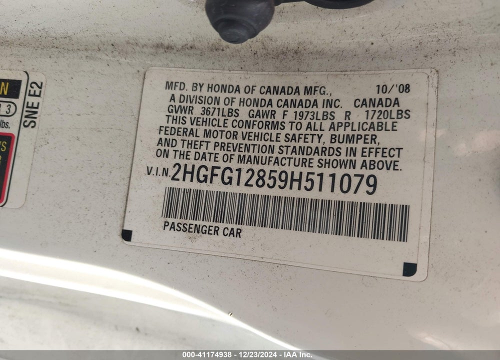 2009 HONDA CIVIC EX VIN: 2HGFG12859H511079