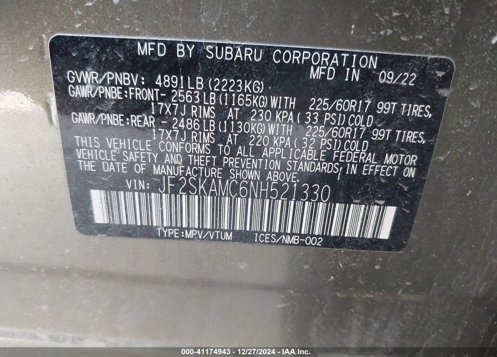 2022 SUBARU FORESTER WILDERNESS VIN: JF2SKAMC6NH521330