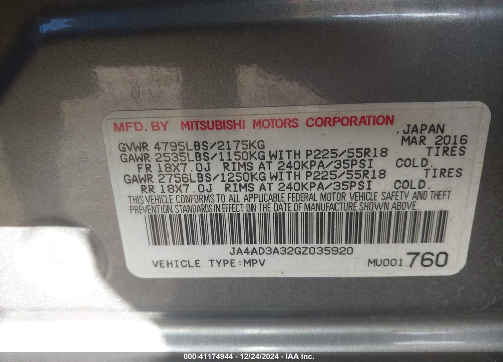 2016 MITSUBISHI OUTLANDER VIN: JA4AD3A32GZ035920
