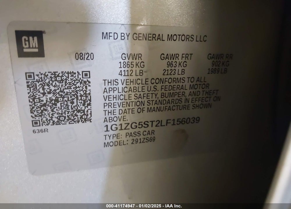 2020 CHEVROLET MALIBU VIN: 1G1ZG5ST2LF156039
