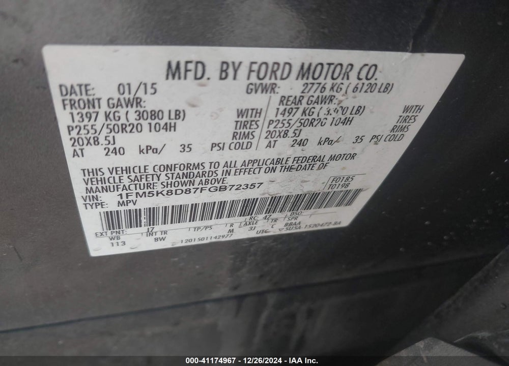 2015 FORD EXPLORER XLT VIN: 1FM5K8D87FGB72357