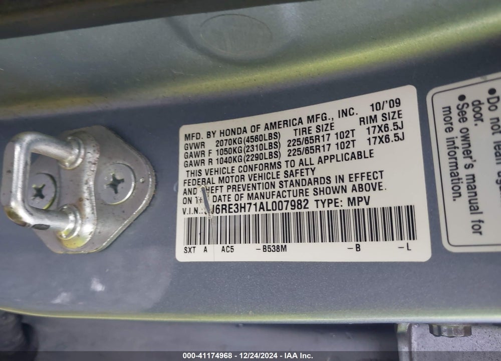 2010 HONDA CR-V EX-L VIN: 5J6RE3H71AL007982