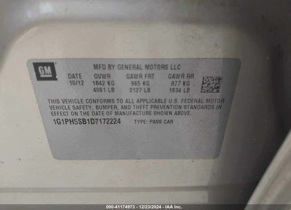 2013 CHEVROLET CRUZE ECO AUTO VIN: 1G1PH5SB1D7172224