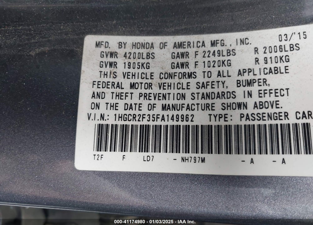 2015 HONDA ACCORD LX VIN: 1HGCR2F35FA149962
