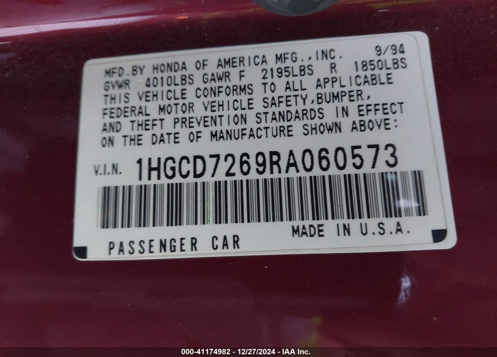 1994 HONDA ACCORD EX VIN: 1HGCD7269RA060573