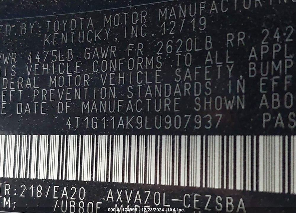 2020 TOYOTA CAMRY SE VIN: 4T1G11AK9LU907937