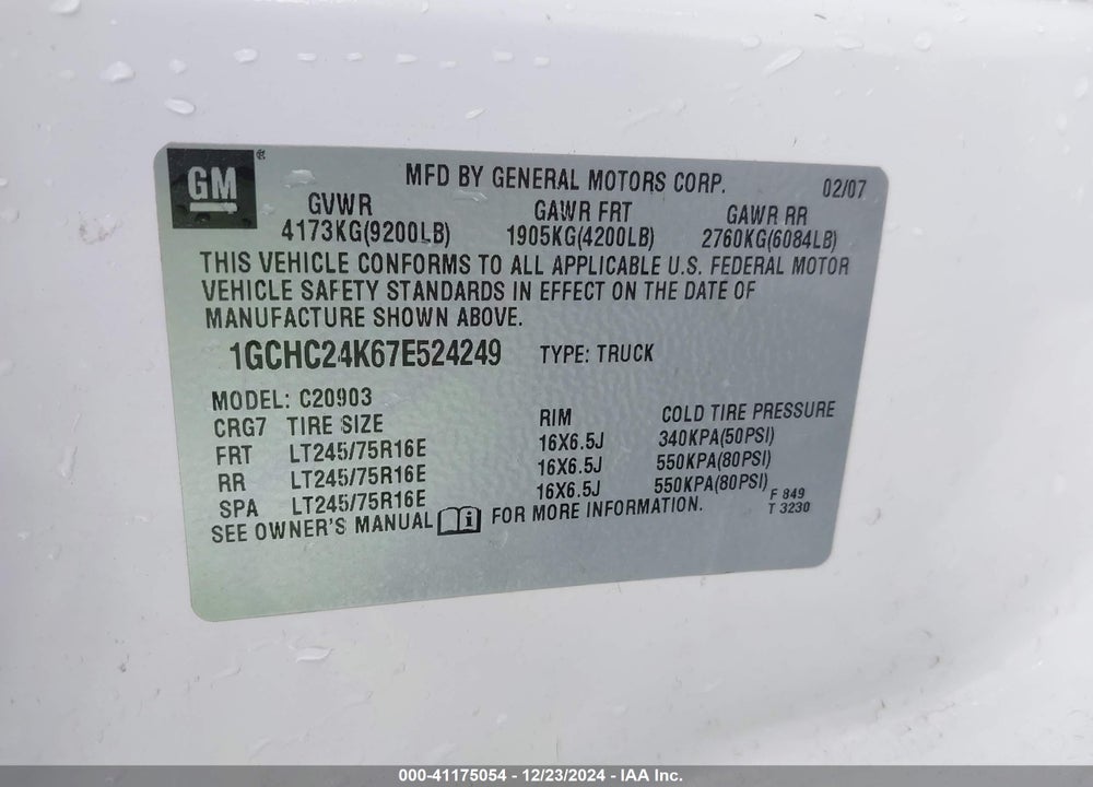 2007 CHEVROLET SILVERADO 2500HD WORK TRUCK VIN: 1GCHC24K67E524249