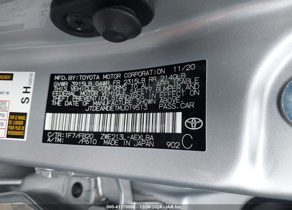 2021 TOYOTA COROLLA HYBRID LE VIN: JTDEAMDE1MJ019513