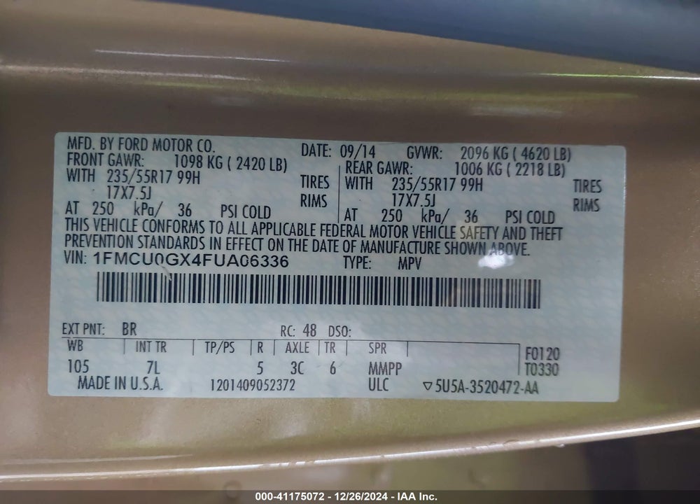 2015 FORD ESCAPE SE VIN: 1FMCU0GX4FUA06336