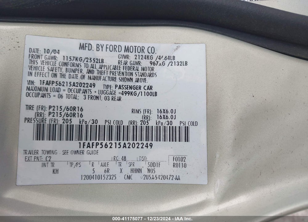 2005 FORD TAURUS SEL VIN: 1FAFP56215A202249