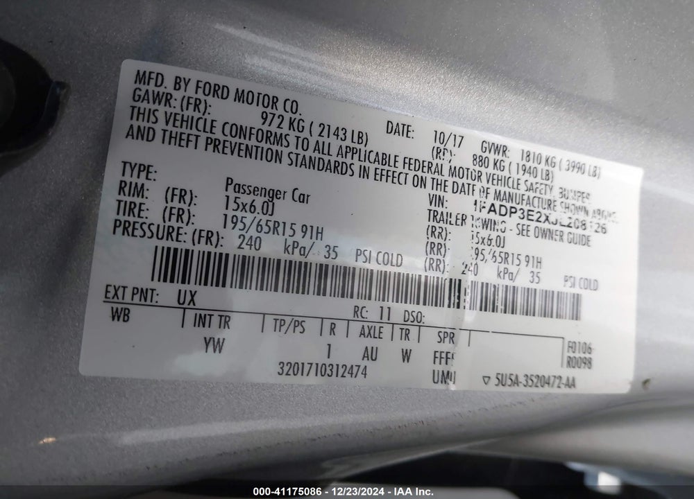 2018 FORD FOCUS S VIN: 1FADP3E2XJL208126