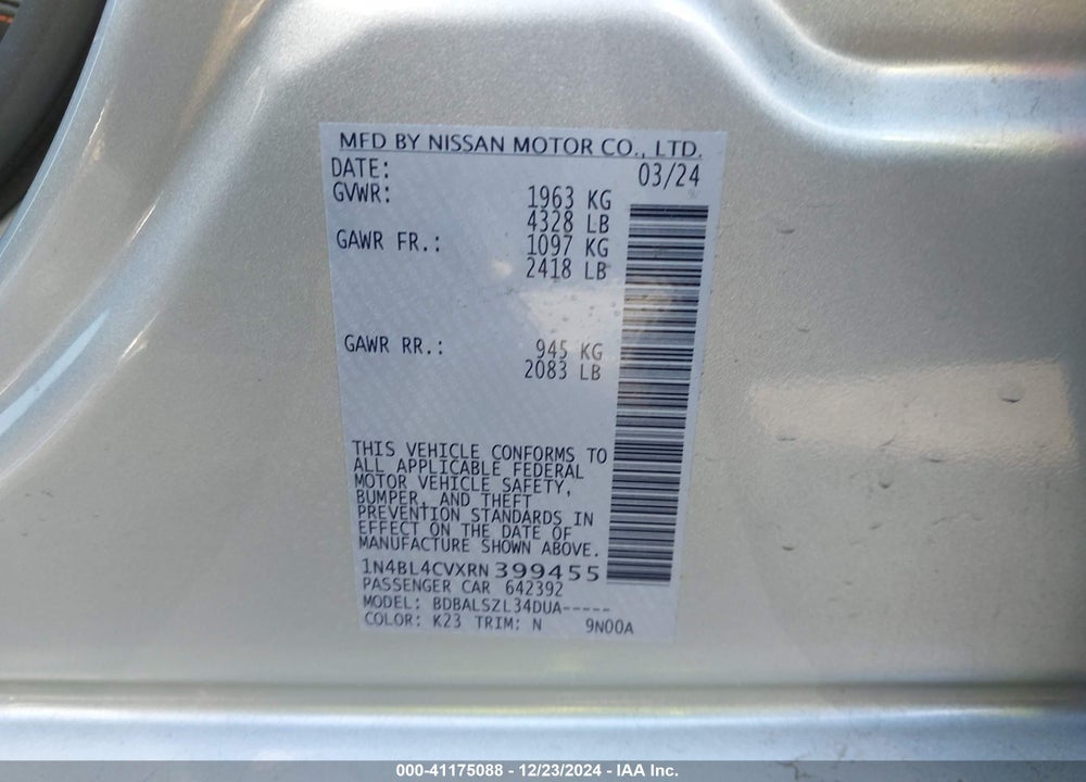 2024 NISSAN ALTIMA SR FWD VIN: 1N4BL4CVXRN399455