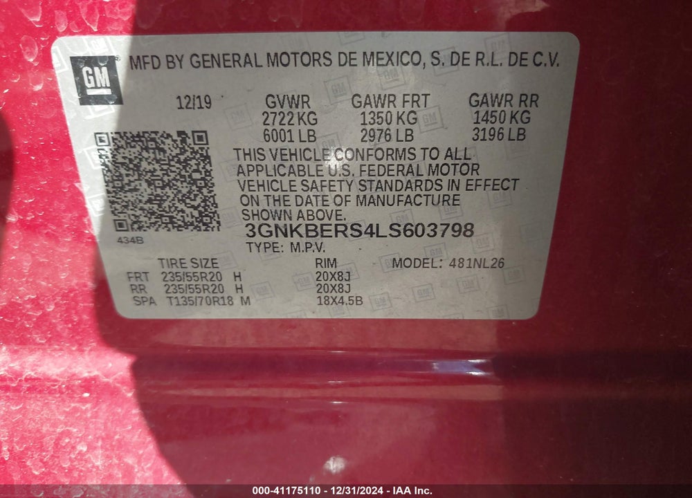 2020 CHEVROLET BLAZER FWD RS VIN: 3GNKBERS4LS603798