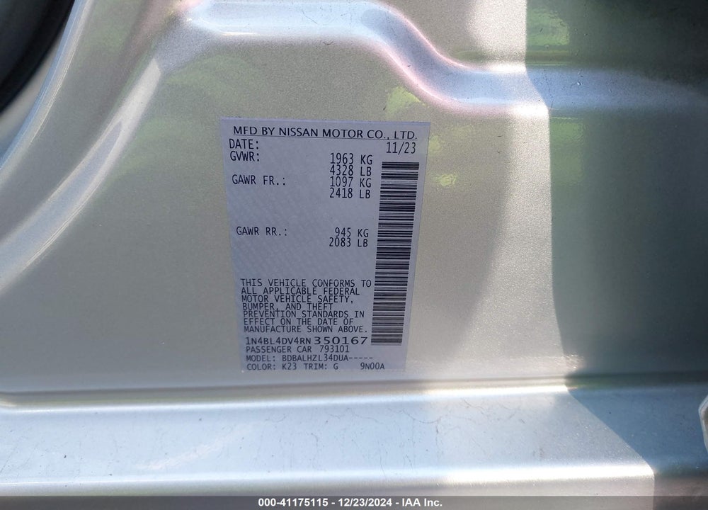 2024 NISSAN ALTIMA SV FWD VIN: 1N4BL4DV4RN350167