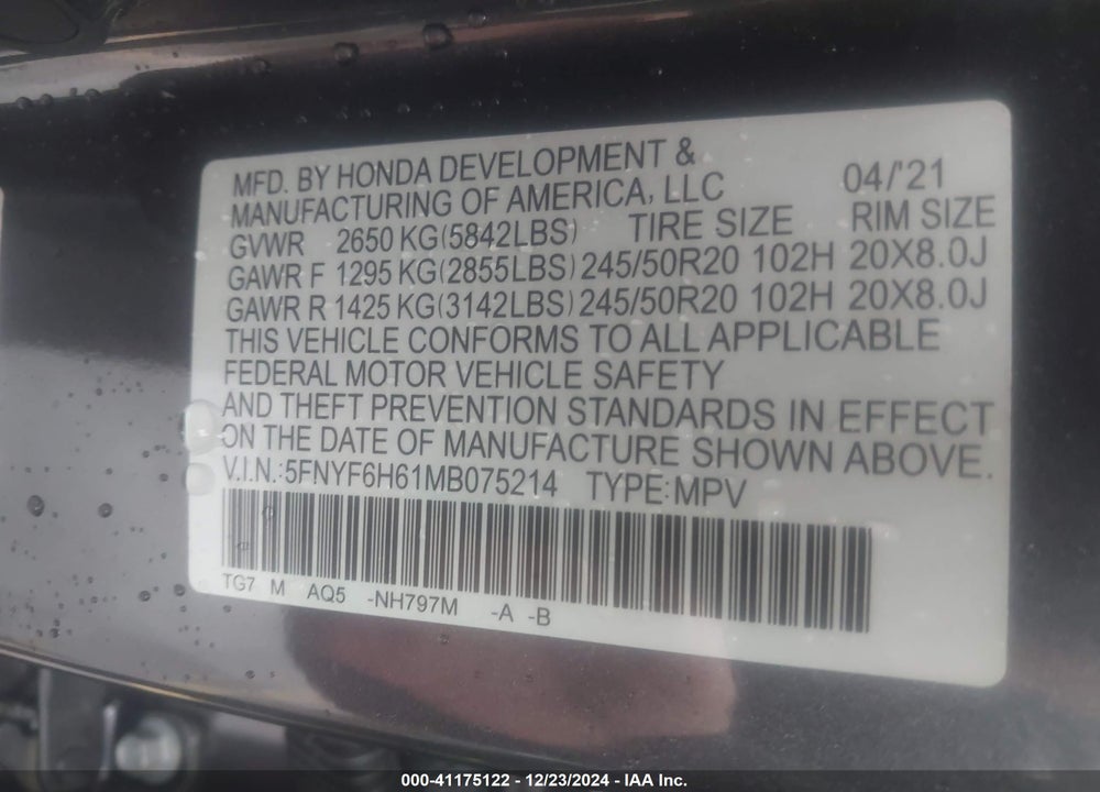 2021 HONDA PILOT VIN: 5FNYF6H61MB075214