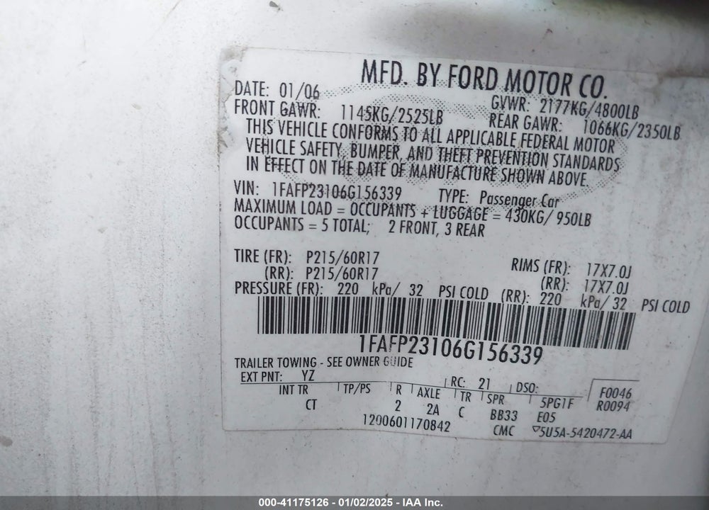 2006 FORD FIVE HUNDRED SE VIN: 1FAFP23106G156339