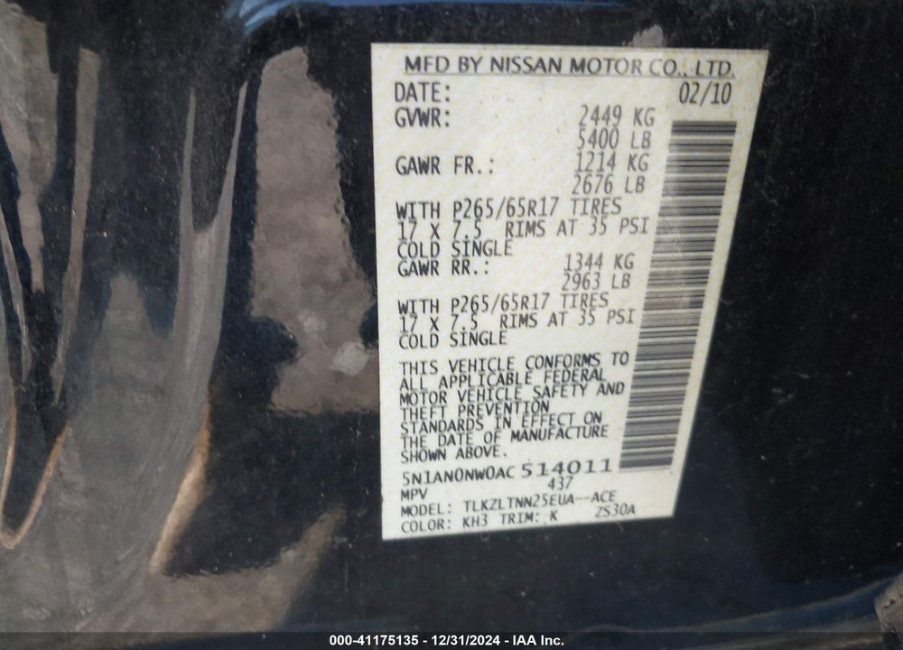 2010 NISSAN XTERRA SE VIN: 5N1AN0NW0AC514011