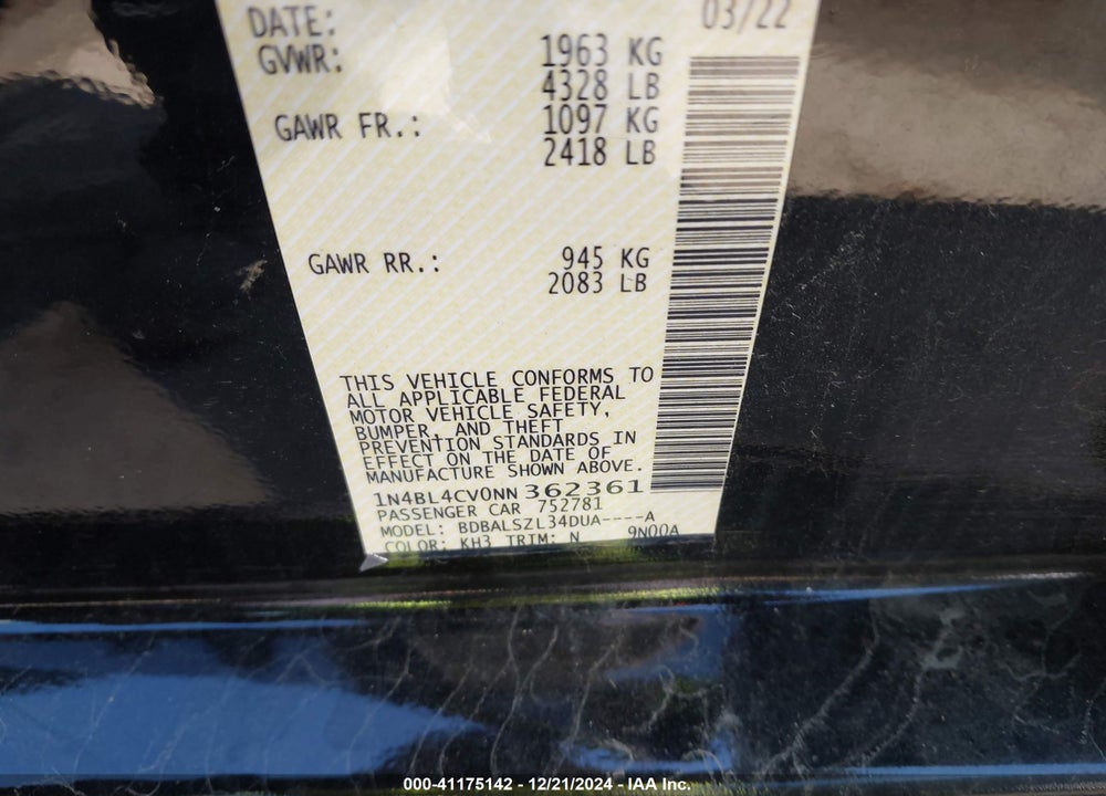 2022 NISSAN ALTIMA SR FWD VIN: 1N4BL4CV0NN362361