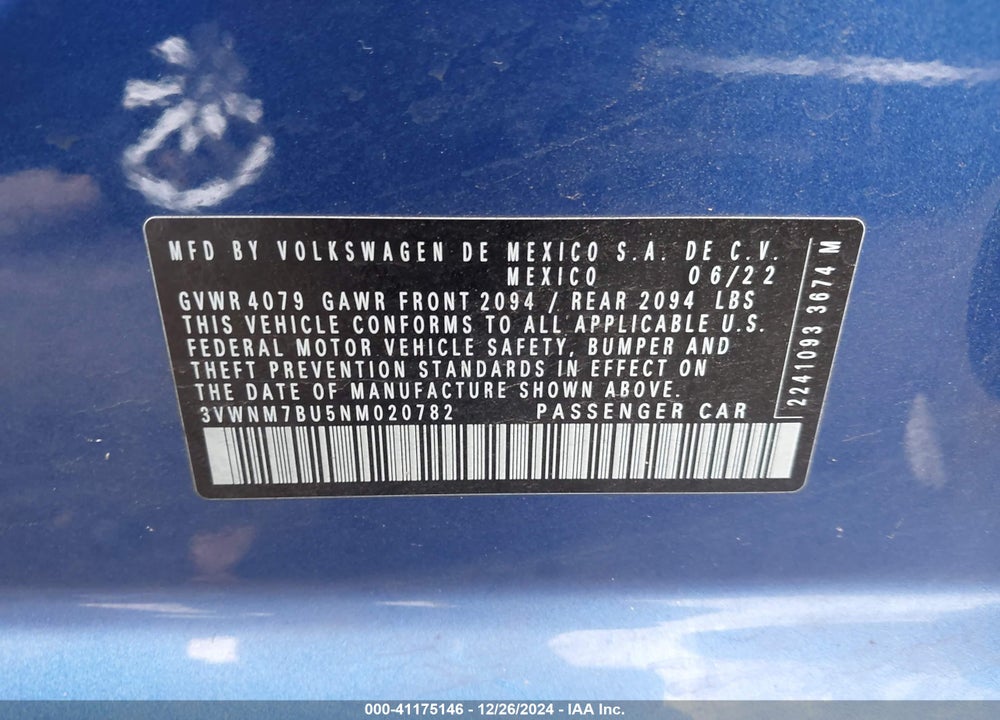 2022 VOLKSWAGEN JETTA VIN: 3VWNM7BU5NM020782