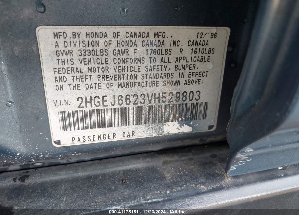 1997 HONDA CIVIC DX VIN: 2HGEJ6623VH529803